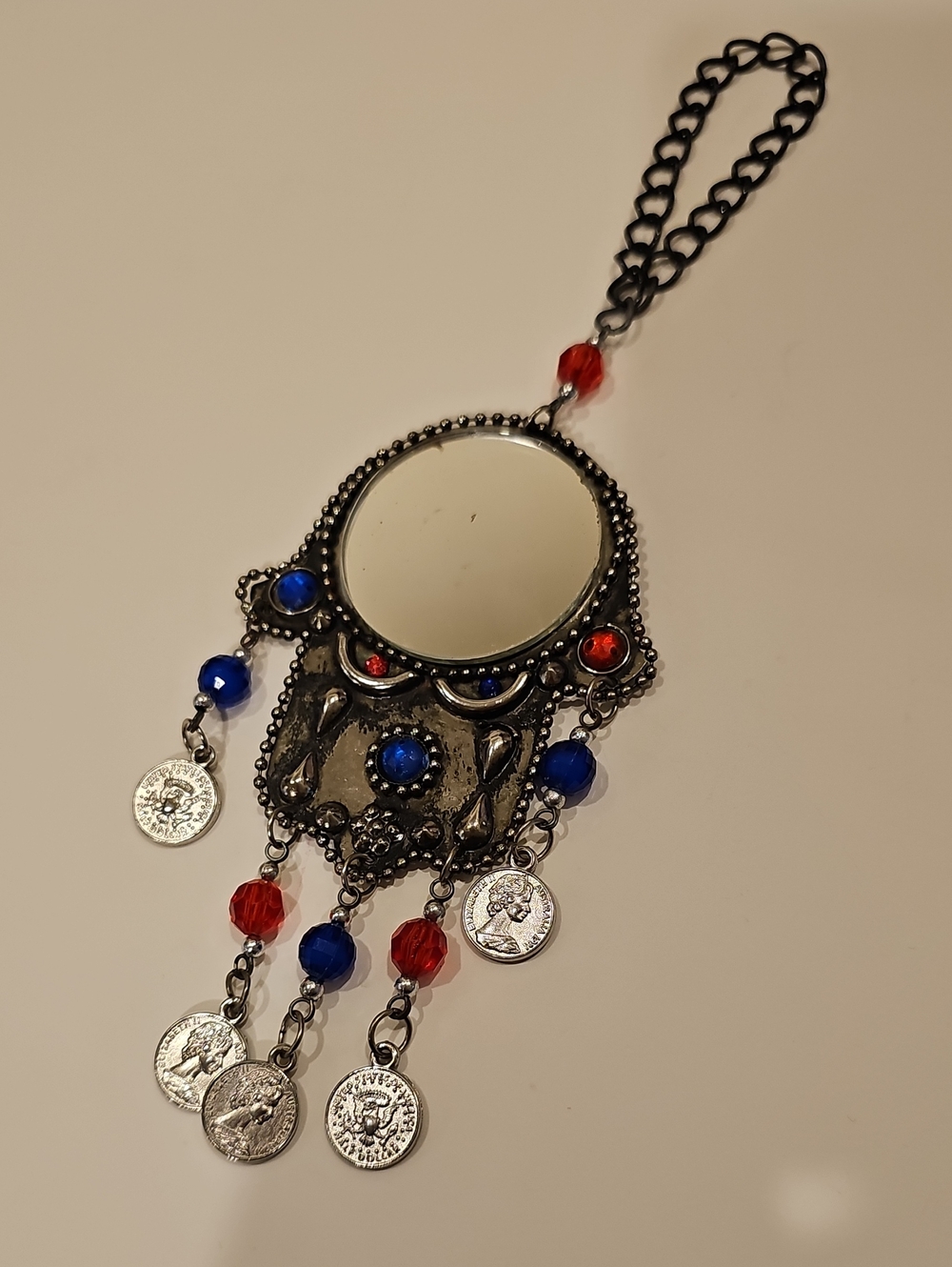 Boho Silver-Tone Mirror Pendant Necklace with Red & Blue Beads